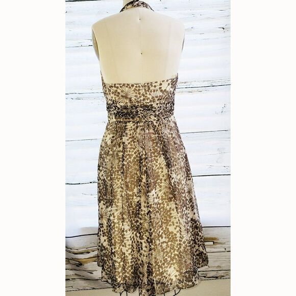 BCBG Maxazria golden tan silk leaf halter dress - Picture 2 of 4